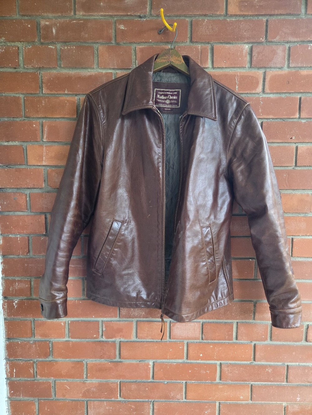 Vintage Marlboro Classics Brown Leather Jacket Men's Medium Quilted Lined